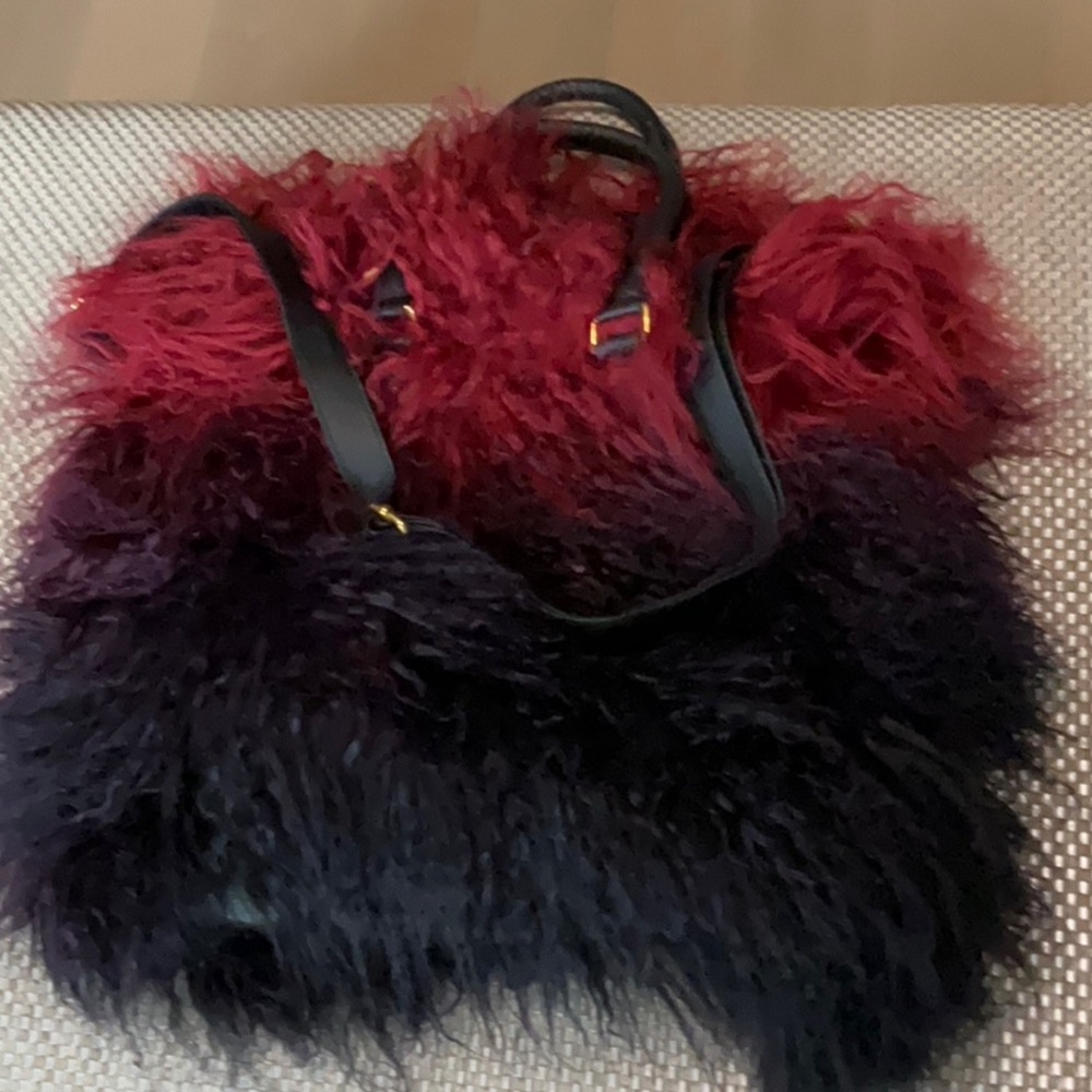 Luxurious Red and Black Mongolian Fur Tote Bag purse
